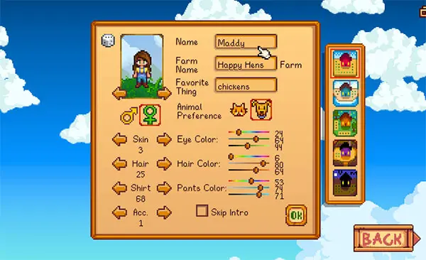 stardew character creation screen