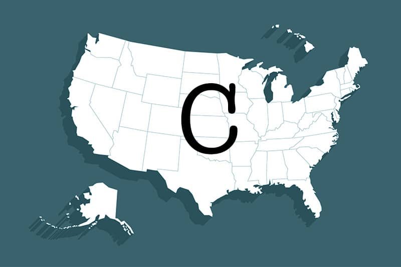 states that start with C, a giant letter C sits in the center of a black and white US map set against a blue-green background