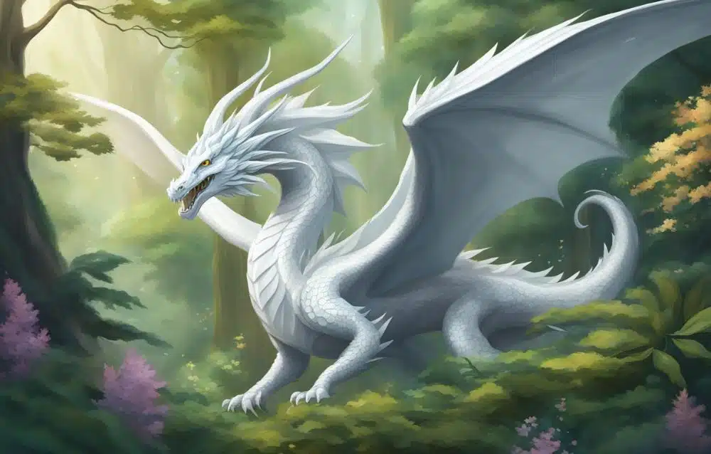 white fantasy dragon in forest