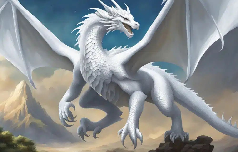 white fantasy dragon on mountain